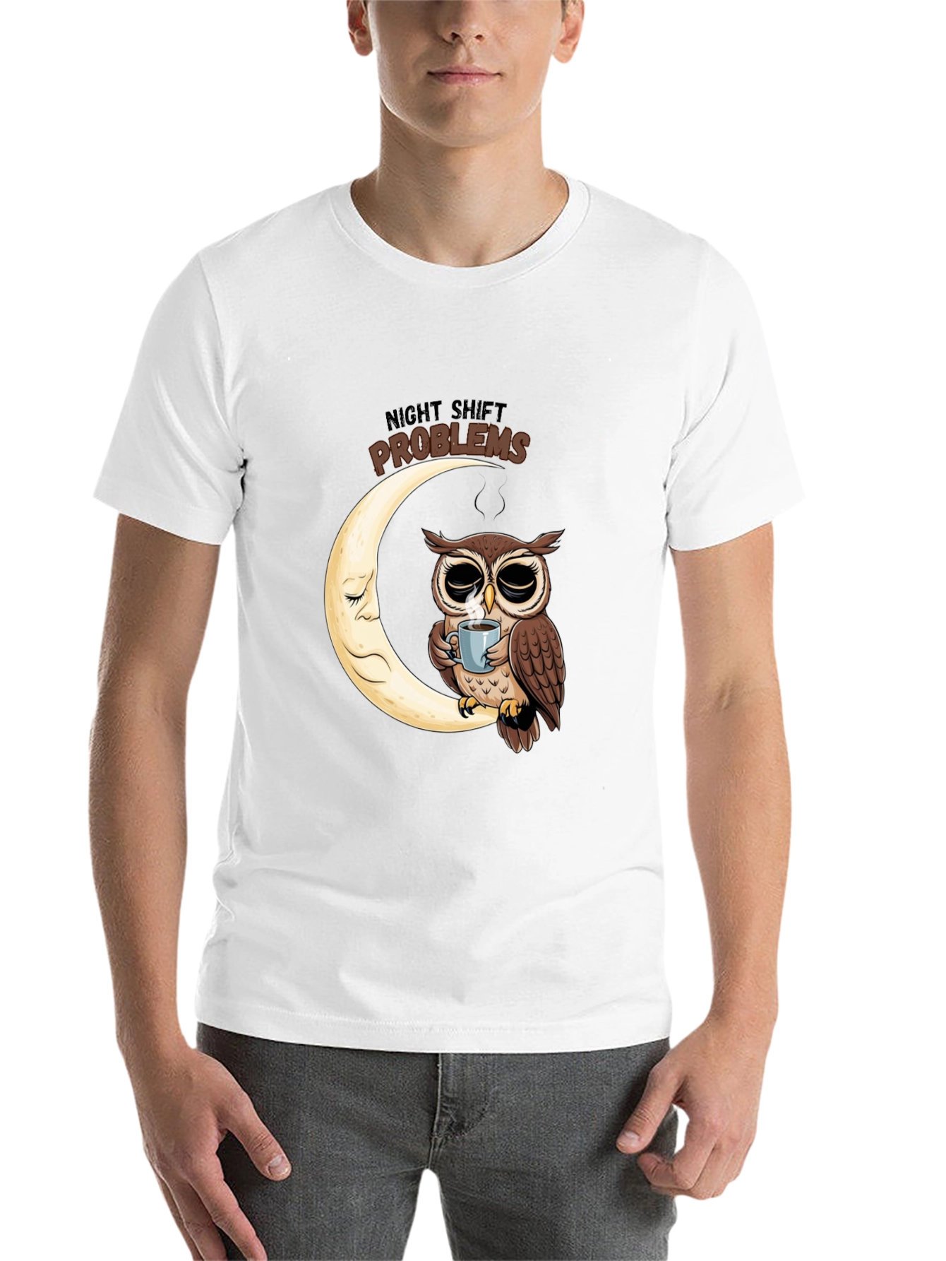 Night Shift Owl T-Shirt - Coffee Moon Design