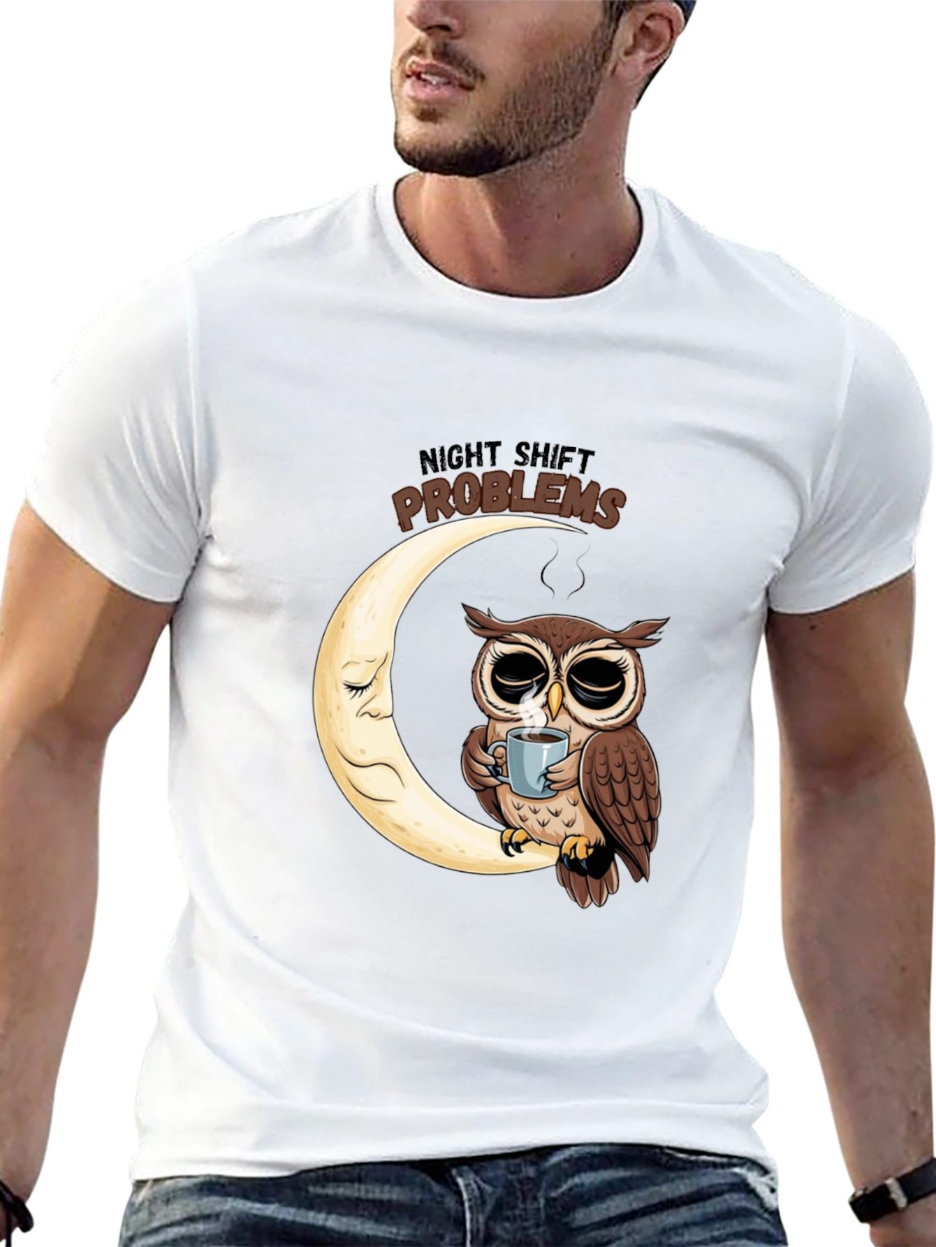 Night Shift Owl T-Shirt - Coffee Moon Design