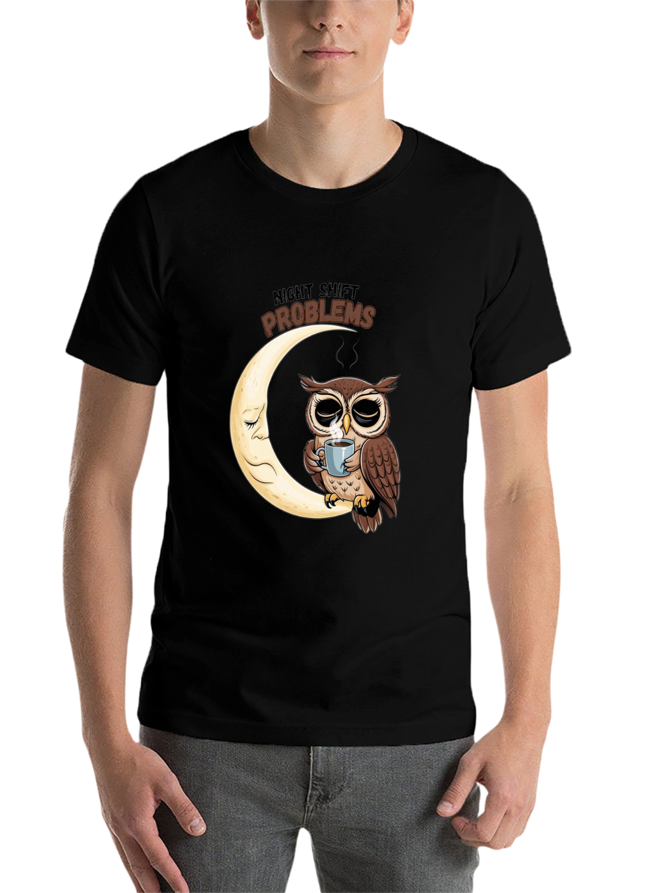 Night Shift Owl T-Shirt - Coffee Moon Design