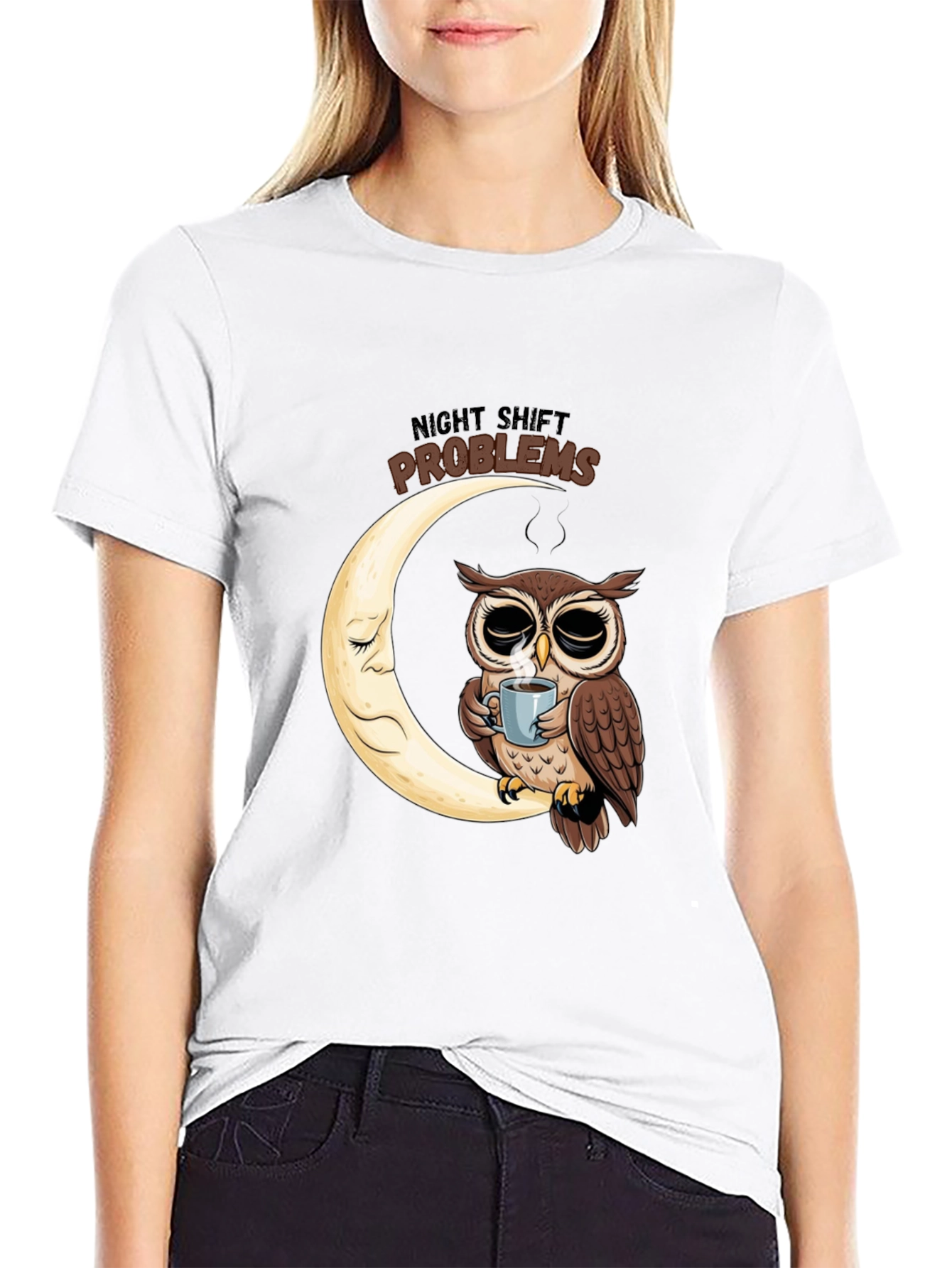 Night Shift Owl T-Shirt - Coffee Moon Design