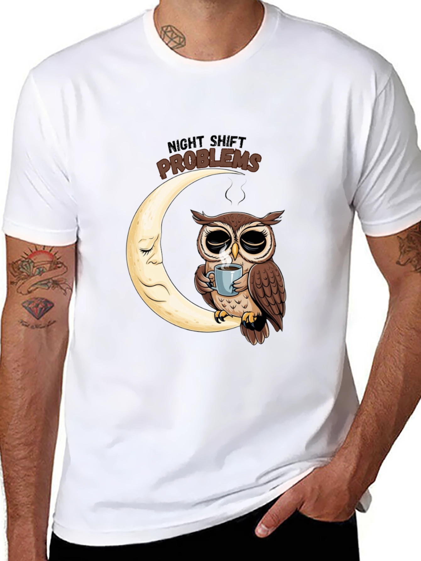 Night Shift Owl T-Shirt - Coffee Moon Design