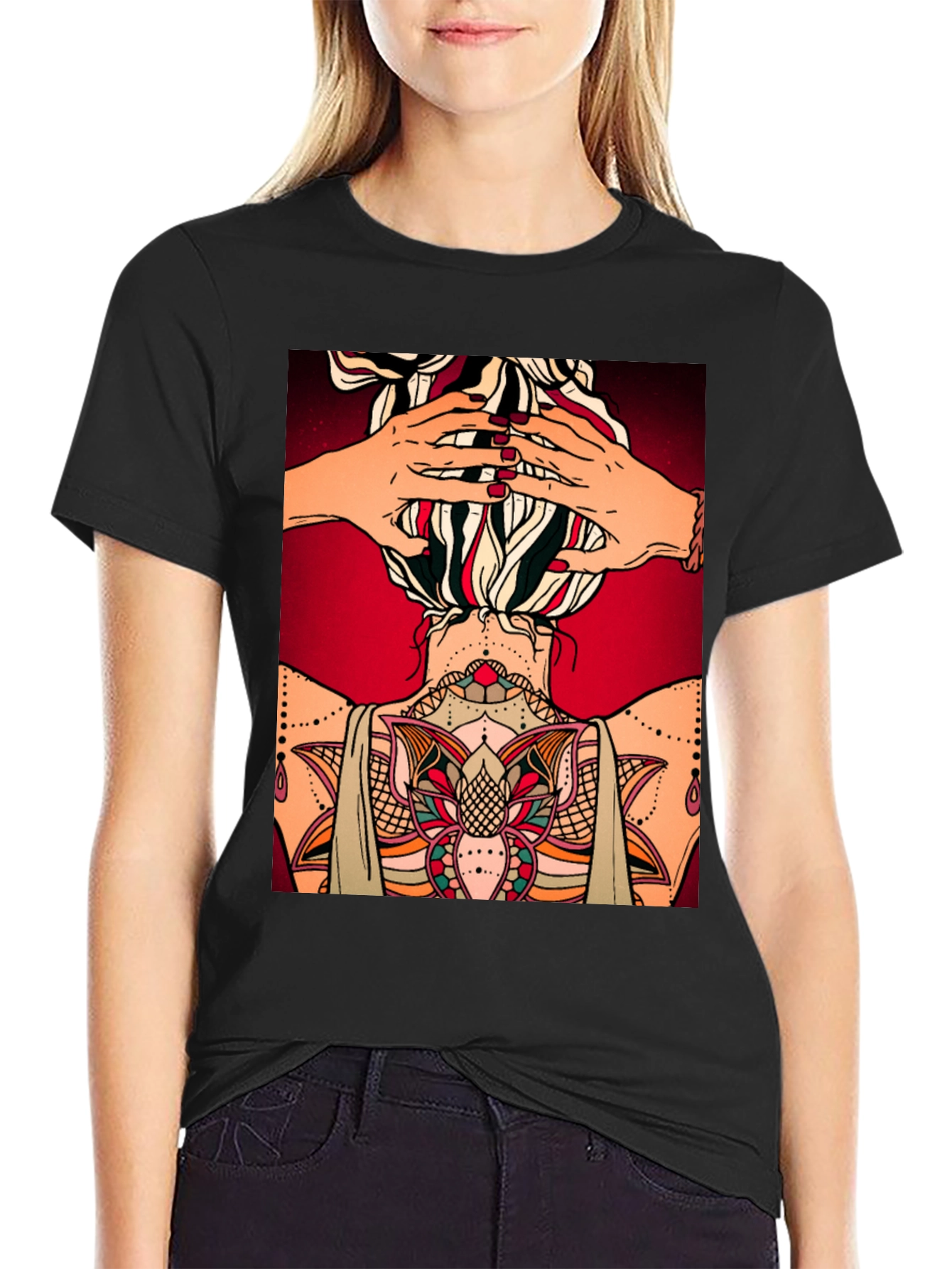 Tattooed Woman Graphic Tee - Unique Back Design