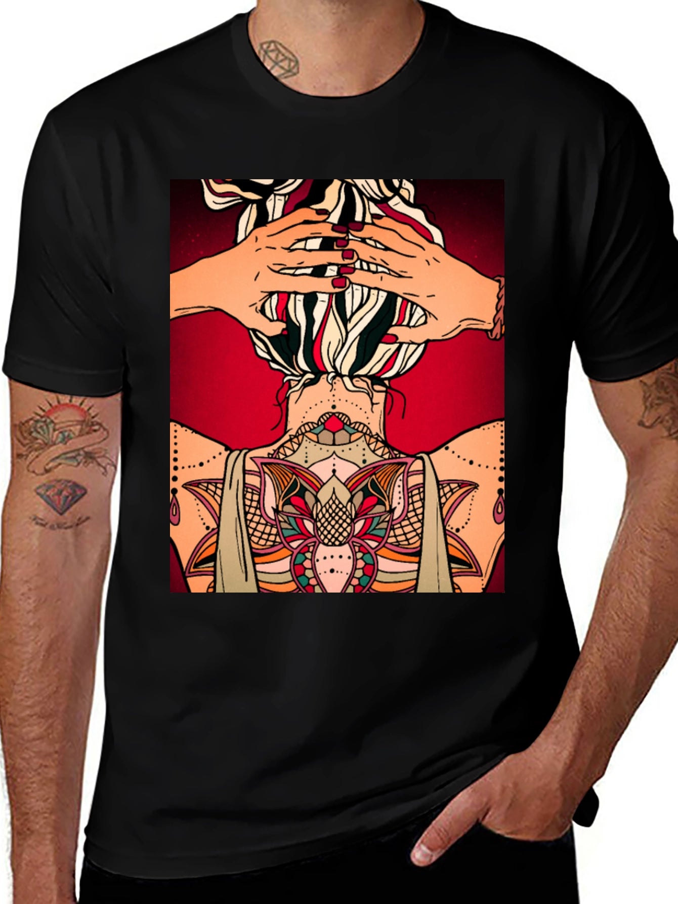 Tattooed Woman Graphic Tee - Unique Back Design