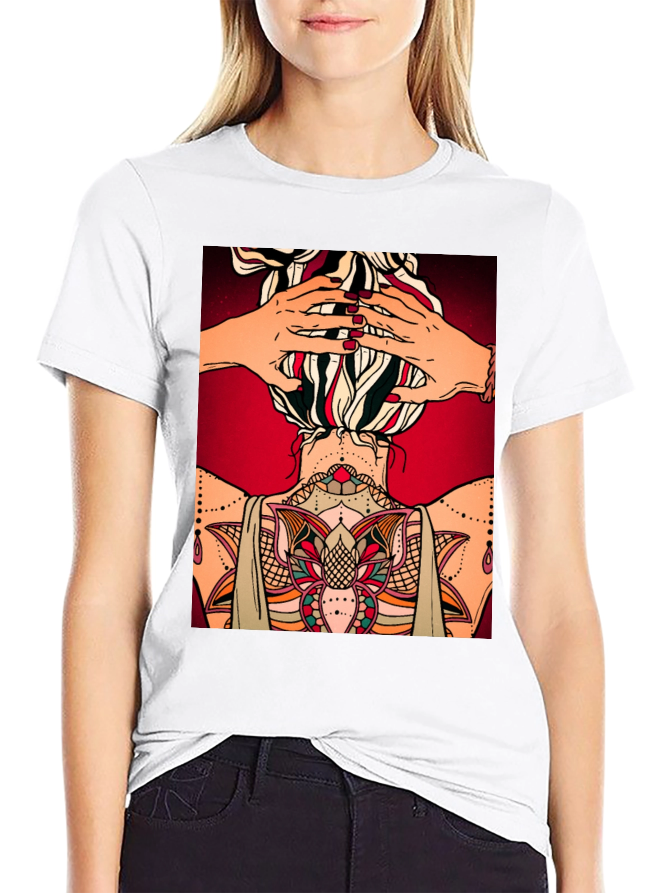 Tattooed Woman Graphic Tee - Unique Back Design