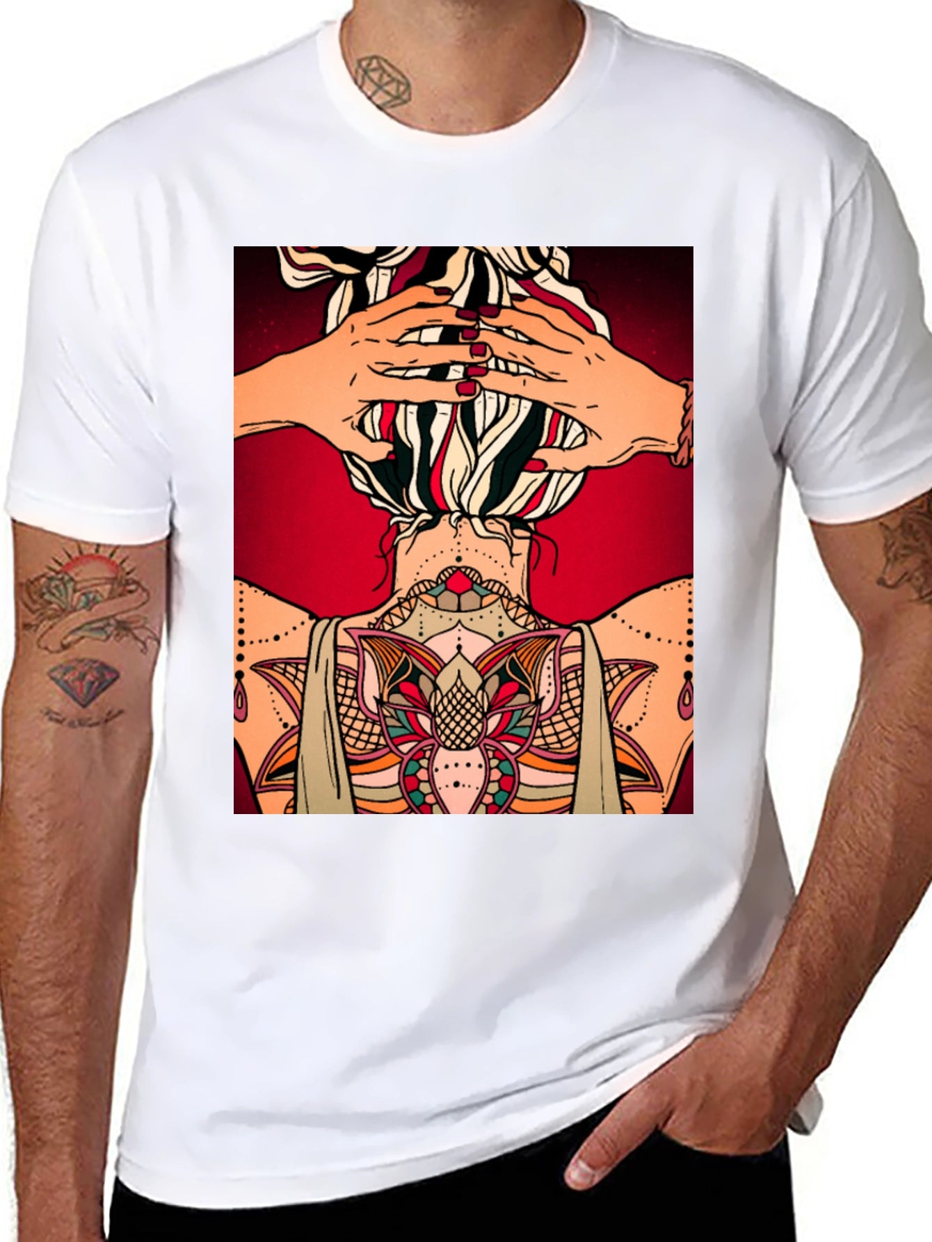 Tattooed Woman Graphic Tee - Unique Back Design