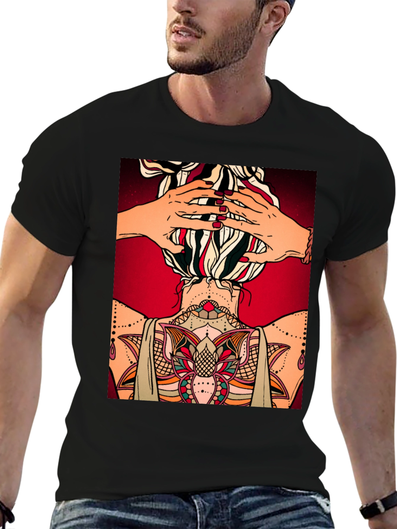 Tattooed Woman Graphic Tee - Unique Back Design