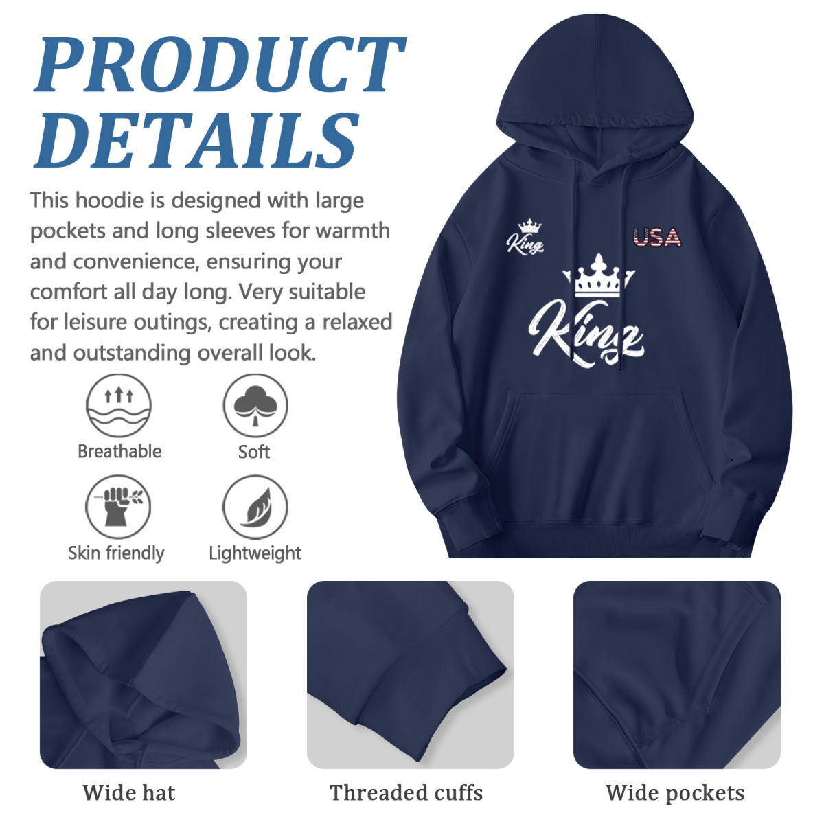 King Crown USA Hip?Hop Fashion Pullover Hoodie
