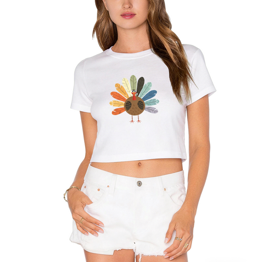 Boho Colorful Feather Turkey Minimal Thanksgiving Fall Crop Top