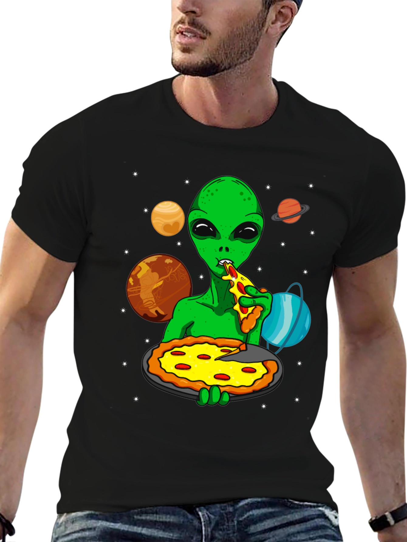 Alien Pizza Lover Graphic T-Shirt - Space Fun