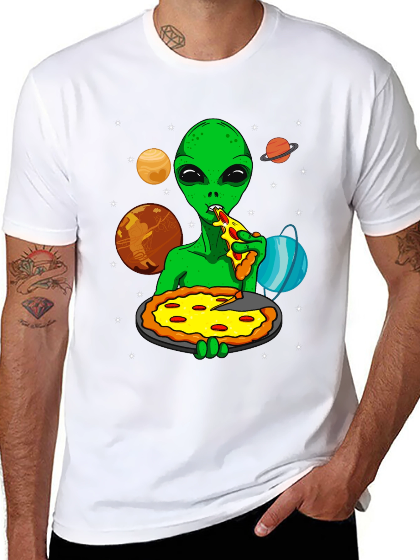 Alien Pizza Lover Graphic T-Shirt - Space Fun