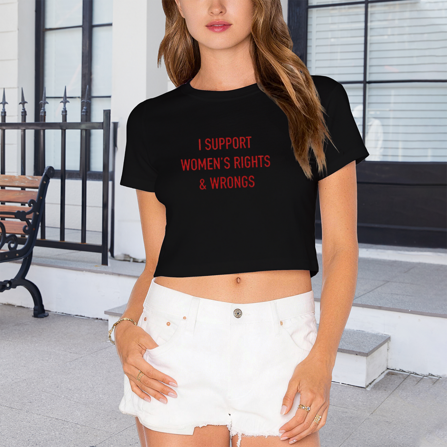 Statement Black Crop Tee With I Support Women¡¯s Rights & Wrongs Red Words