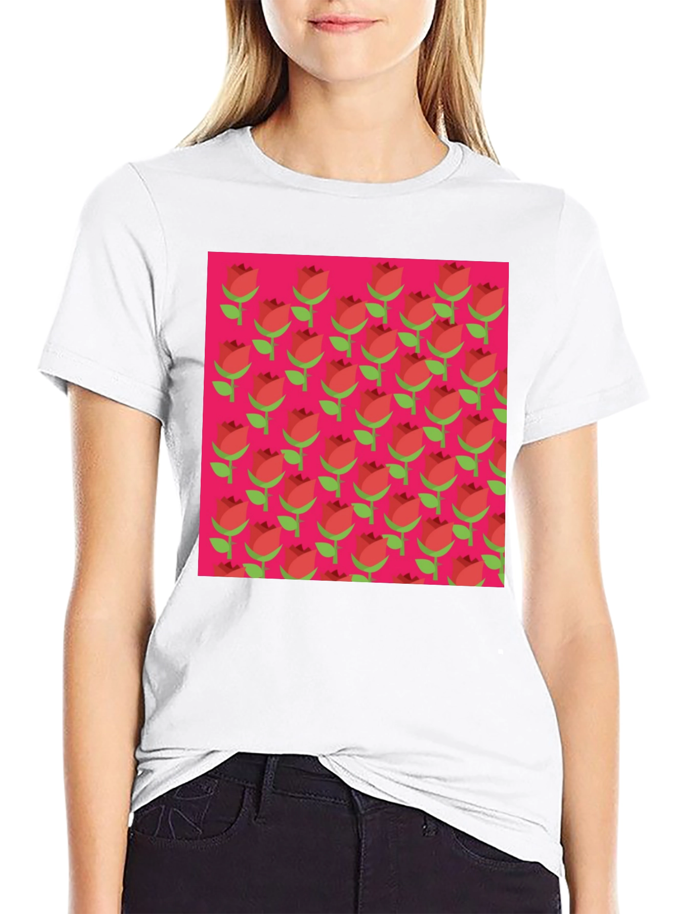 Retro Rose Pattern Tee - Black