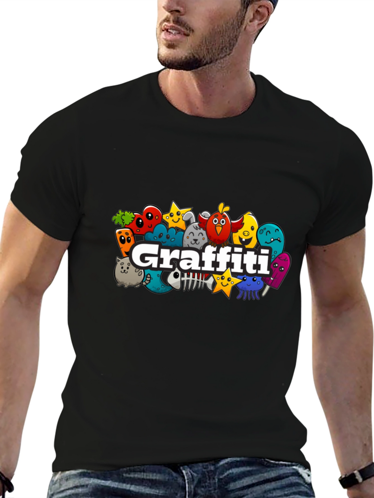Graffiti Cartoon Creature Black T-Shirt