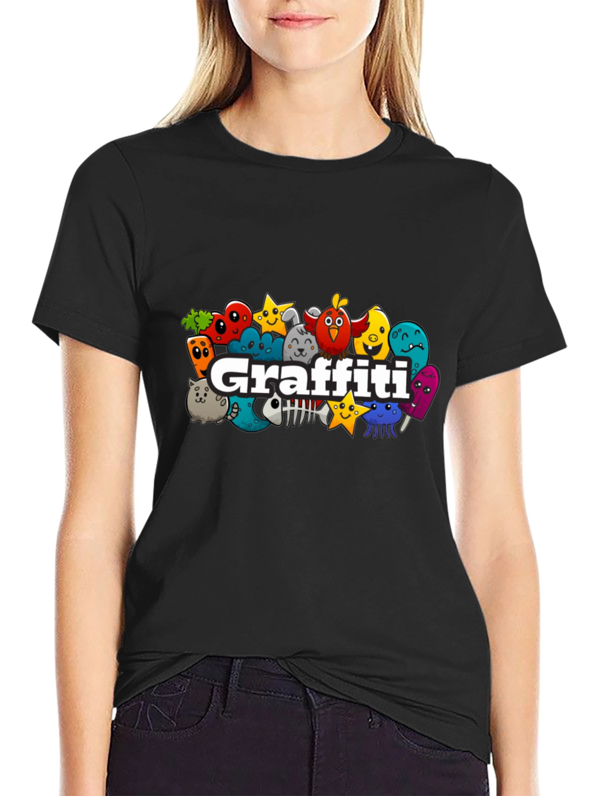 Graffiti Cartoon Creature Black T-Shirt