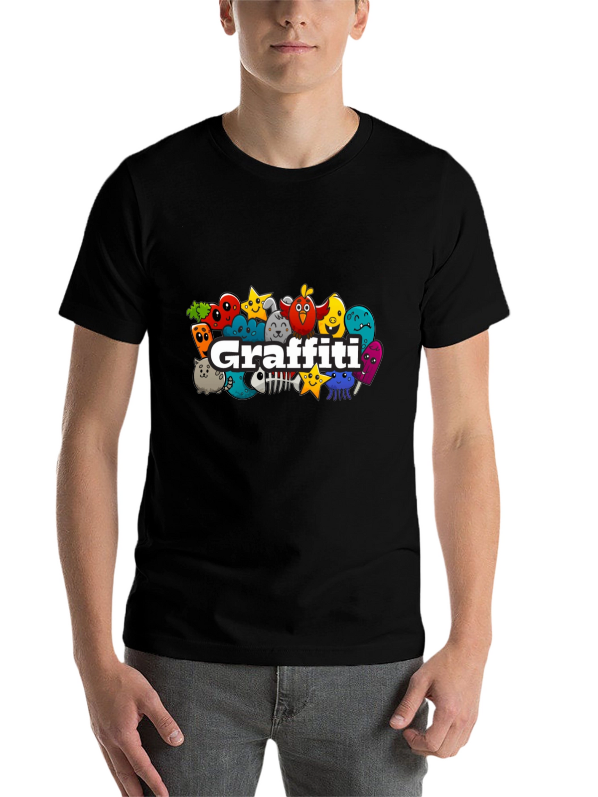 Graffiti Cartoon Creature Black T-Shirt