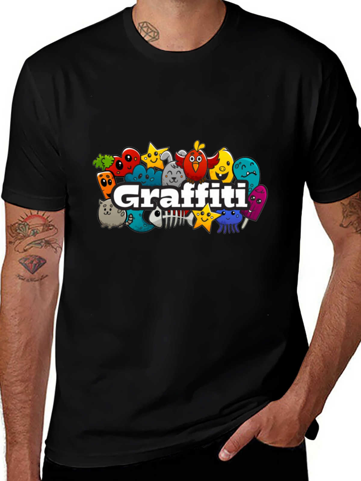 Graffiti Cartoon Creature Black T-Shirt