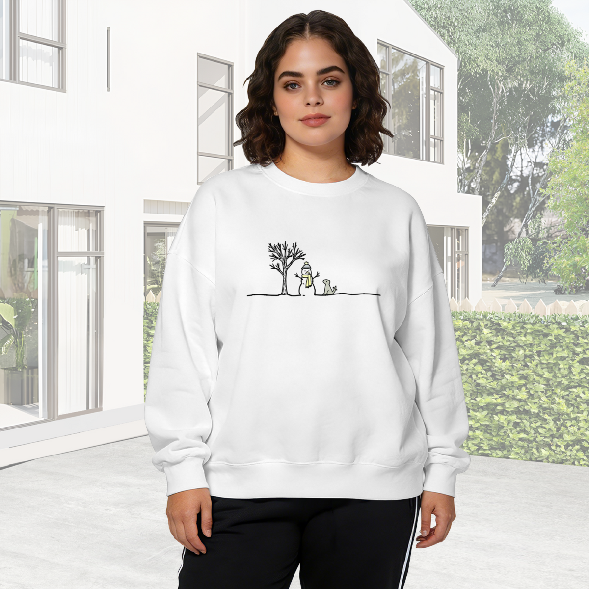 Minimal Simple Sketch Snowman Winter Scene Christmas Crewneck Sweatshirt