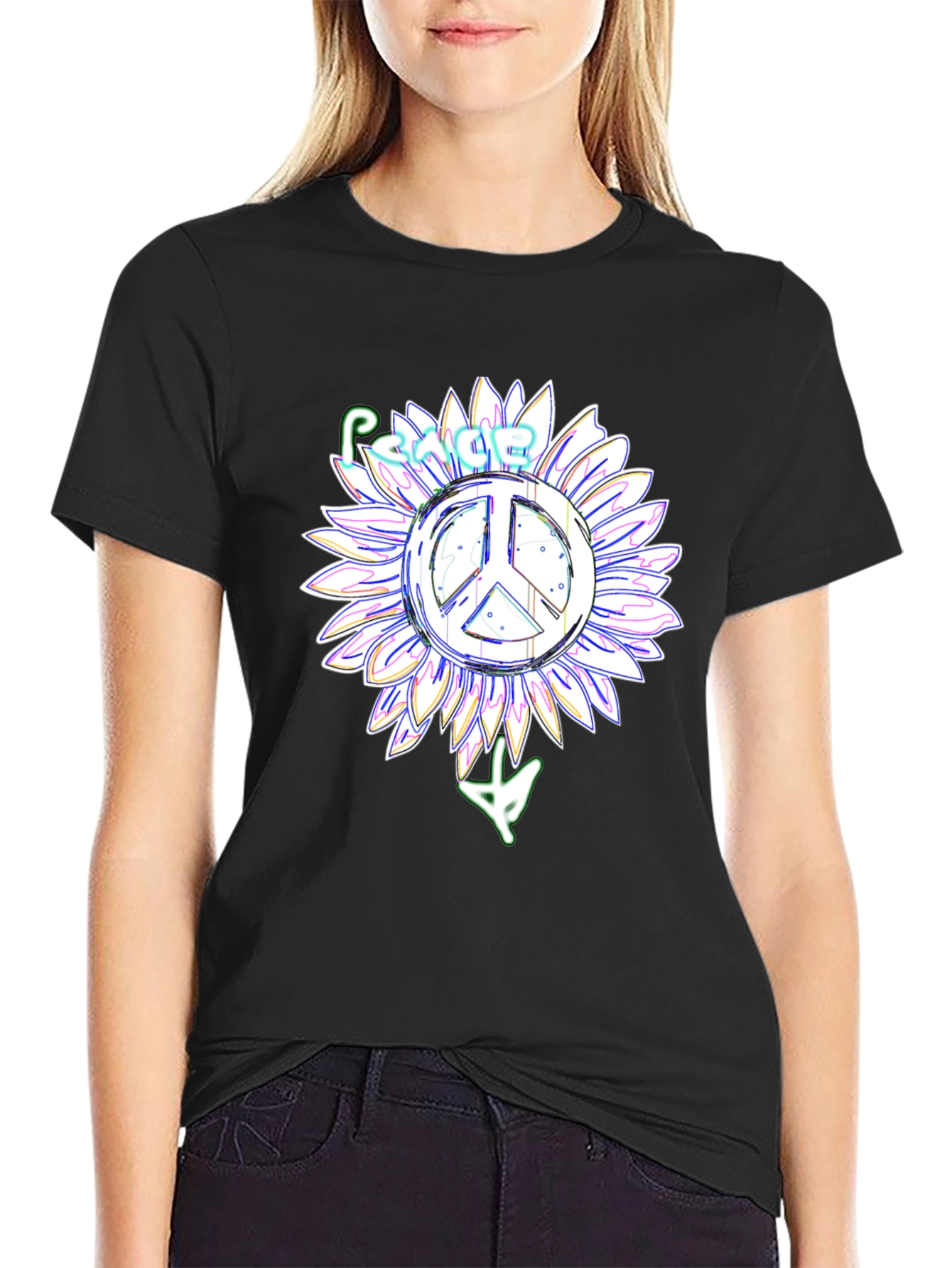 Peace Sign Sunflower Black T-Shirt