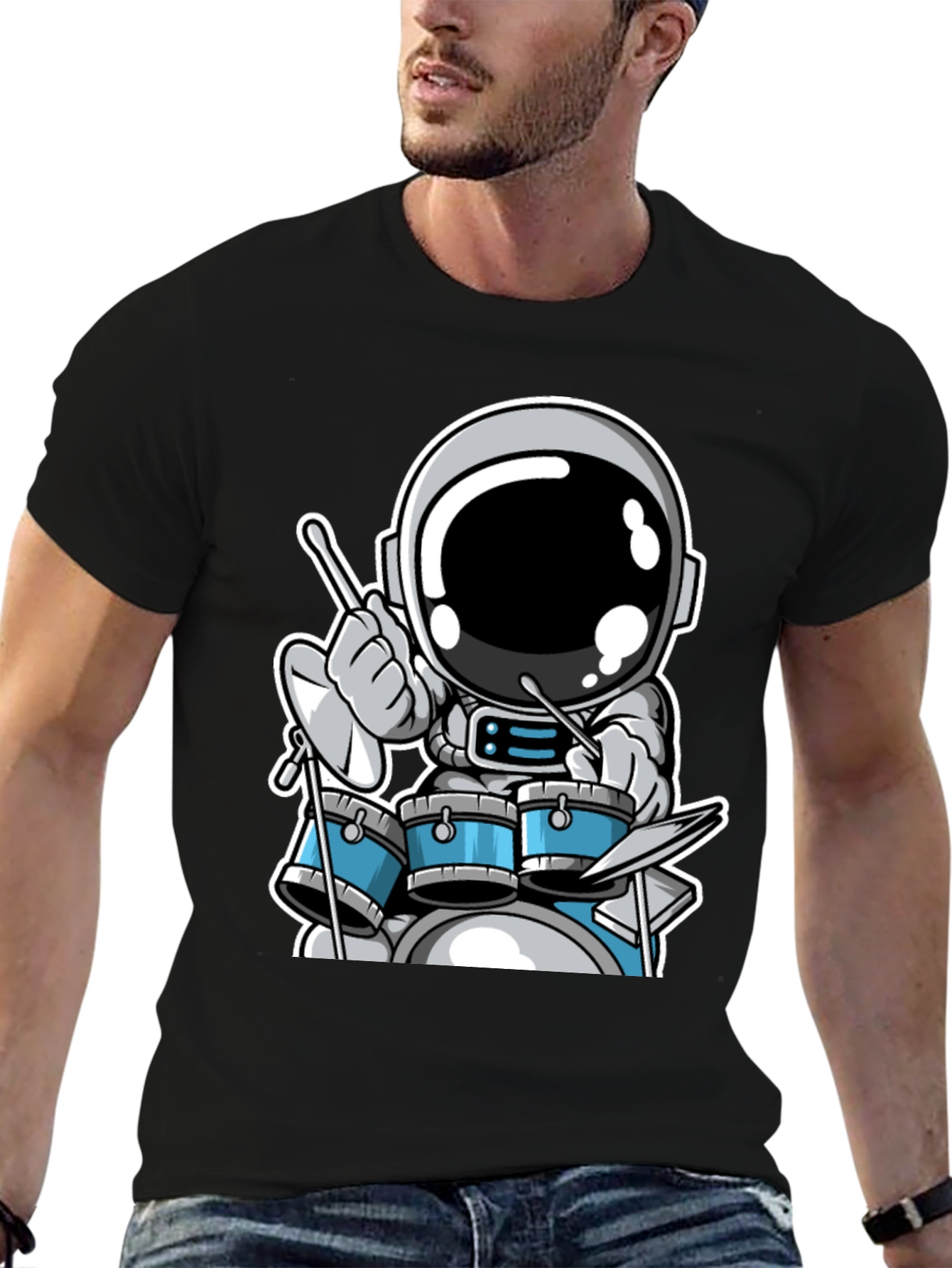 Astronaut Drummer Black T-Shirt - Space Musician Tee