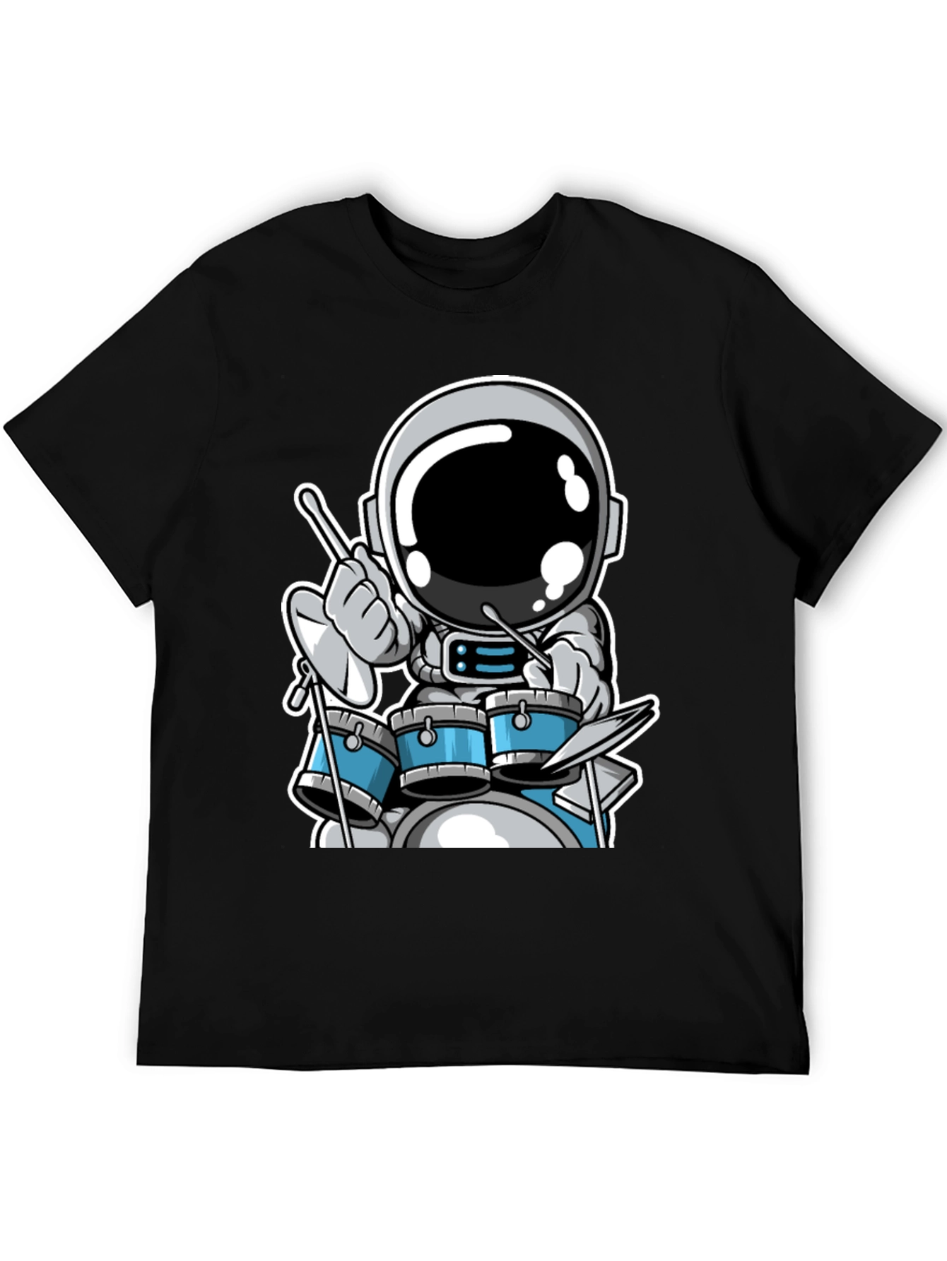 Astronaut Drummer Black T-Shirt - Space Musician Tee