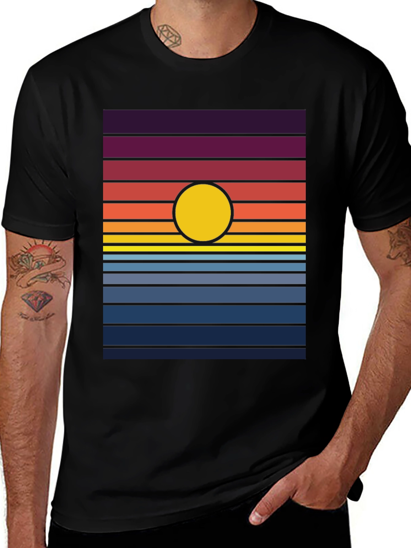 Retro Sunset Graphic Tee - Black Cotton Blend T-Shirt