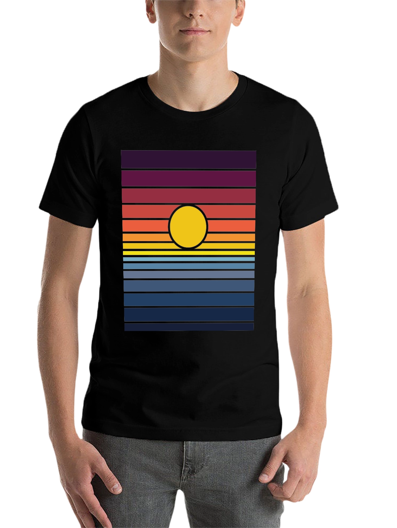 Retro Sunset Graphic Tee - Black Cotton Blend T-Shirt