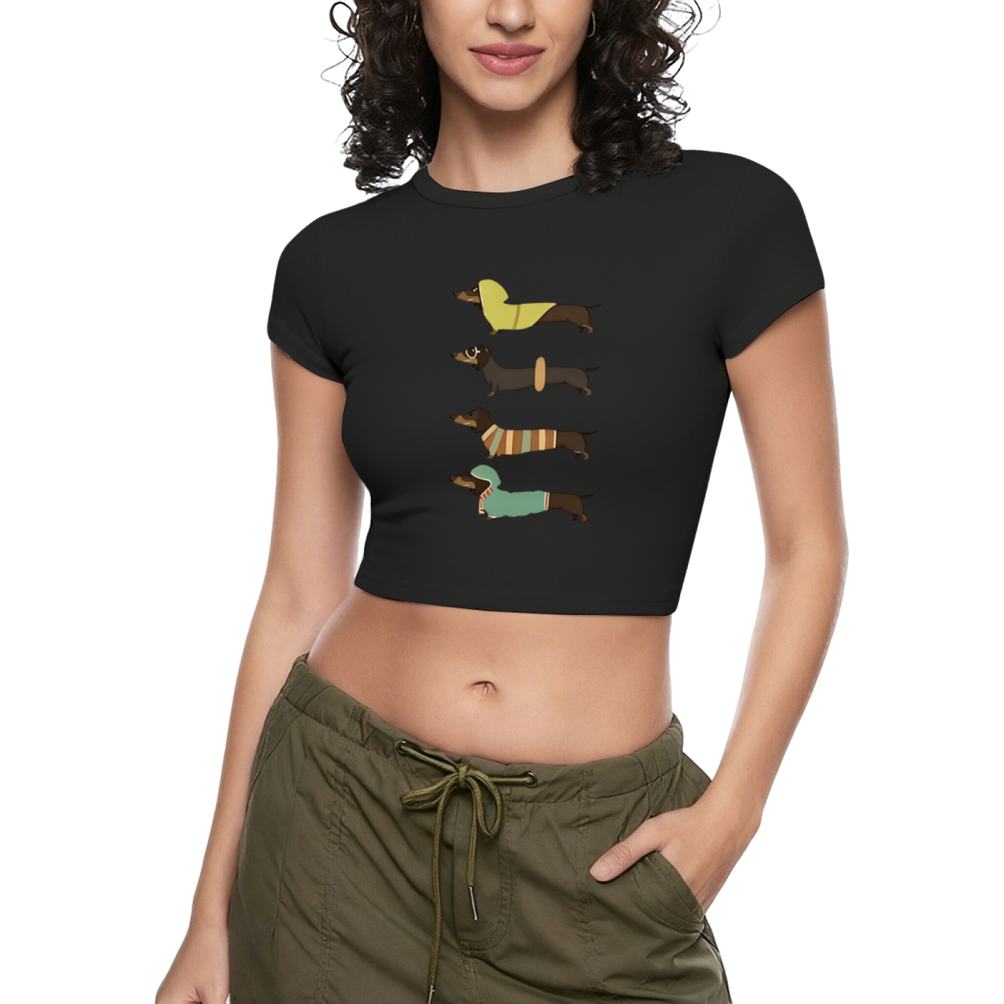 Stylish Dachshunds Retro Cartoon Slim Fit Crop Tee