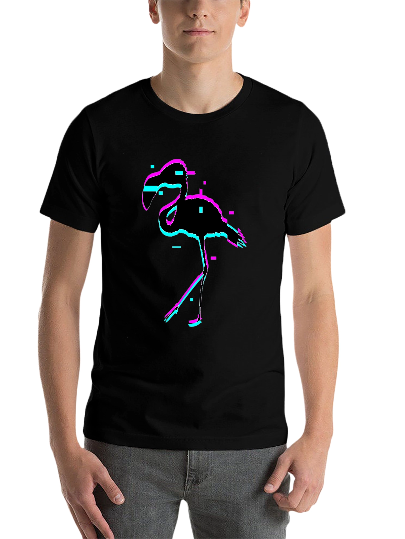 Glitch Flamingo Black T-Shirt