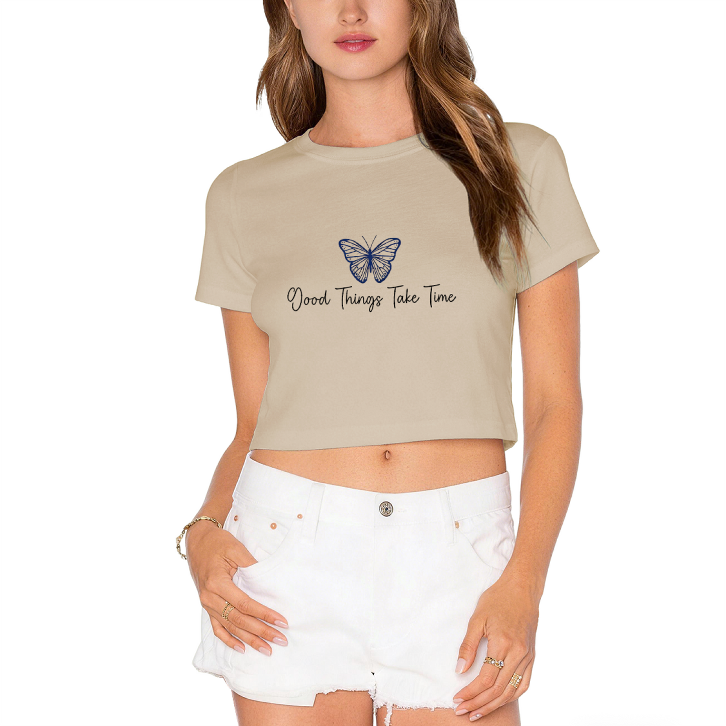 Good Things Take Time Blue Butterfly White Crop Top ¨C Calm Aesthetic Floral Tee