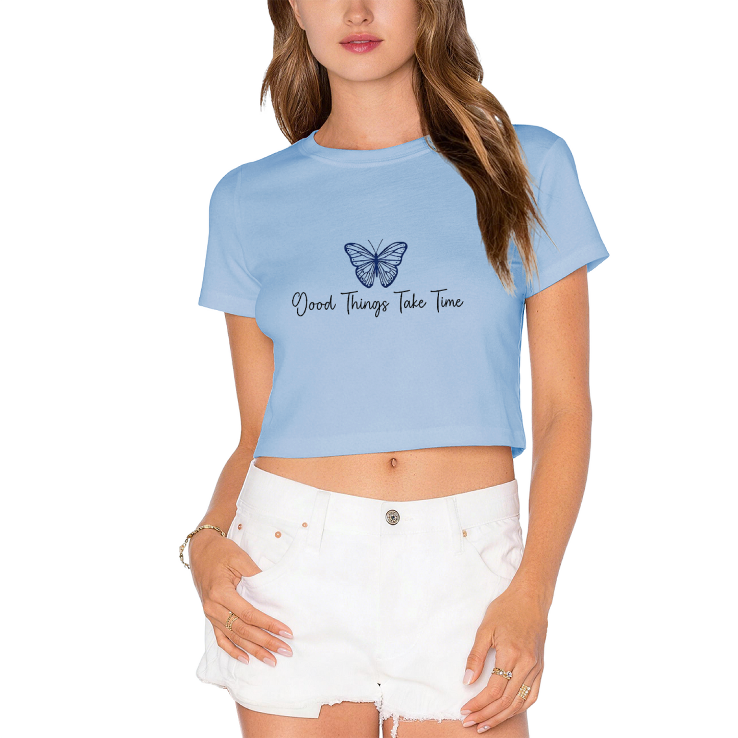 Good Things Take Time Blue Butterfly White Crop Top ¨C Calm Aesthetic Floral Tee