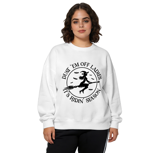 Dust 'Em Off Ladies Witch Riding Broom Spooky Season Crewneck Sweatshirt