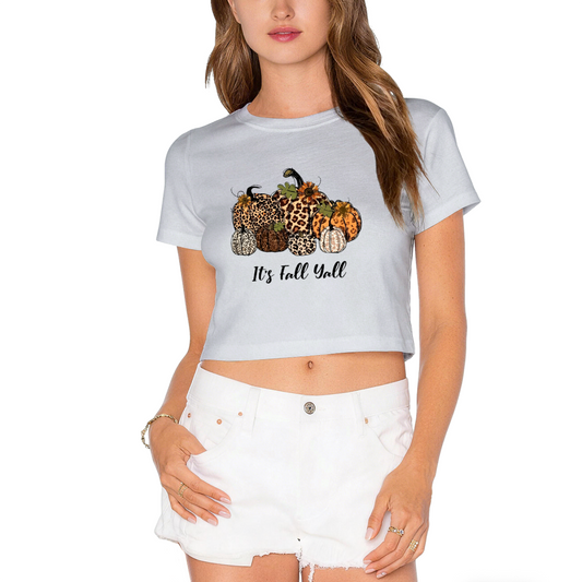 It's Fall Y'all Leopard Print Pumpkin Autumn Season Crop Top