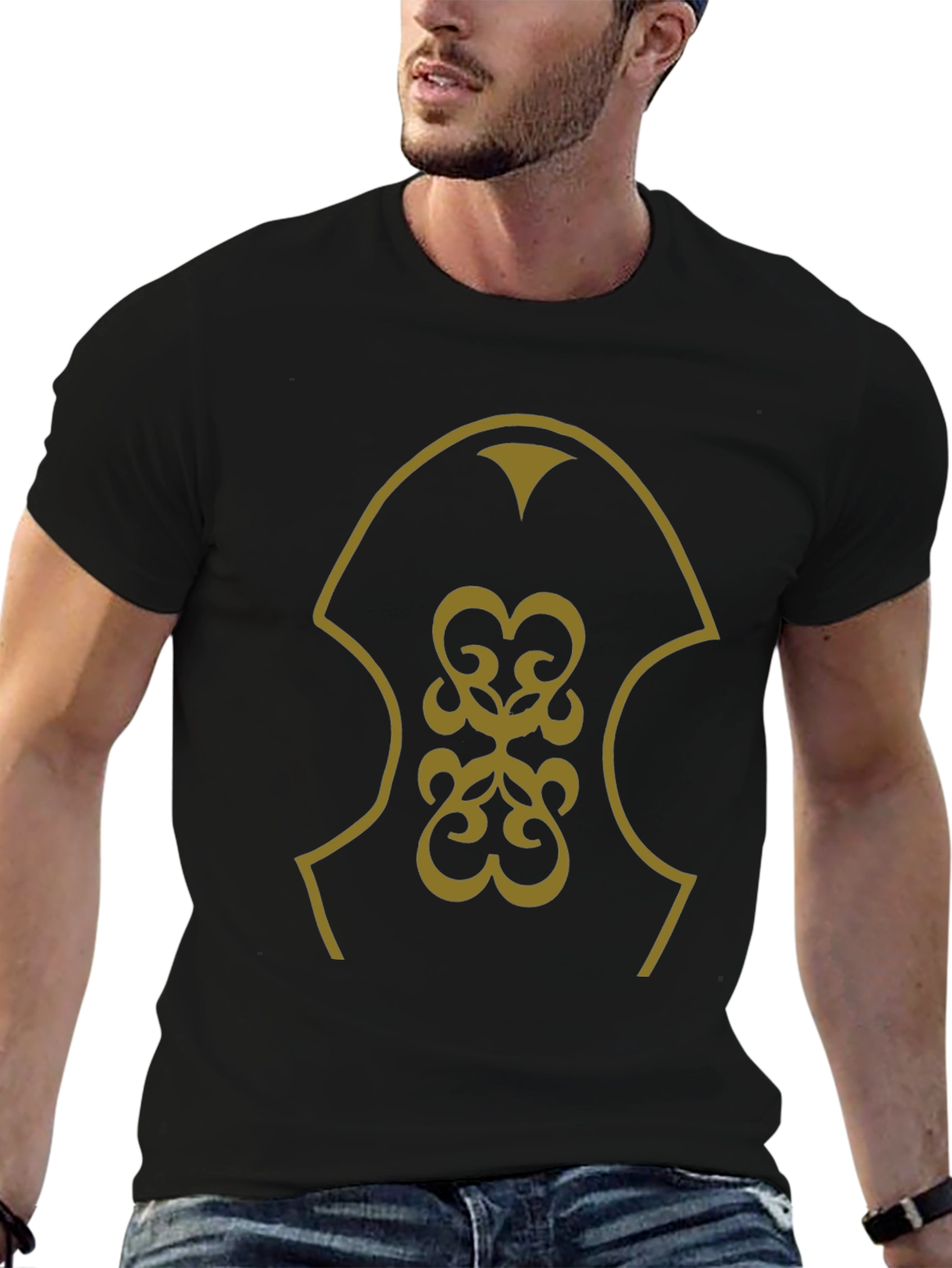 Stylish Black T-Shirt with Gold Emblem Design