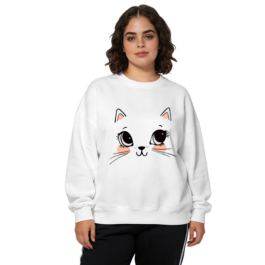 Adorable Big?Eye Cartoon Kitty White Crewneck Sweatshirt