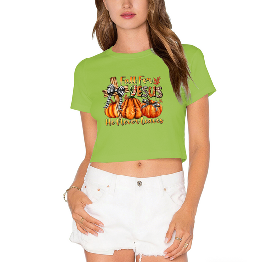 Fall For Jesus He Never Leaves Autumn Faith Cropped T?Shirt