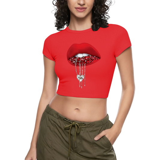 Rhinestone Heart Chain Lips Bold Red Crop Tee