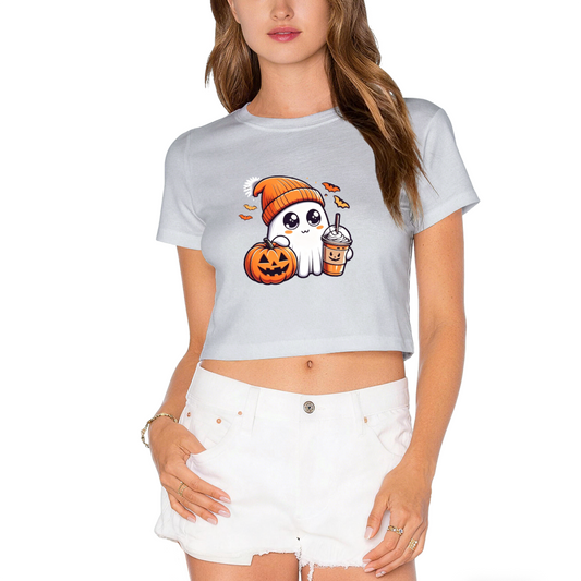 Cozy Coffee?Loving Ghost Pumpkin Fall Halloween Cute Crop Top