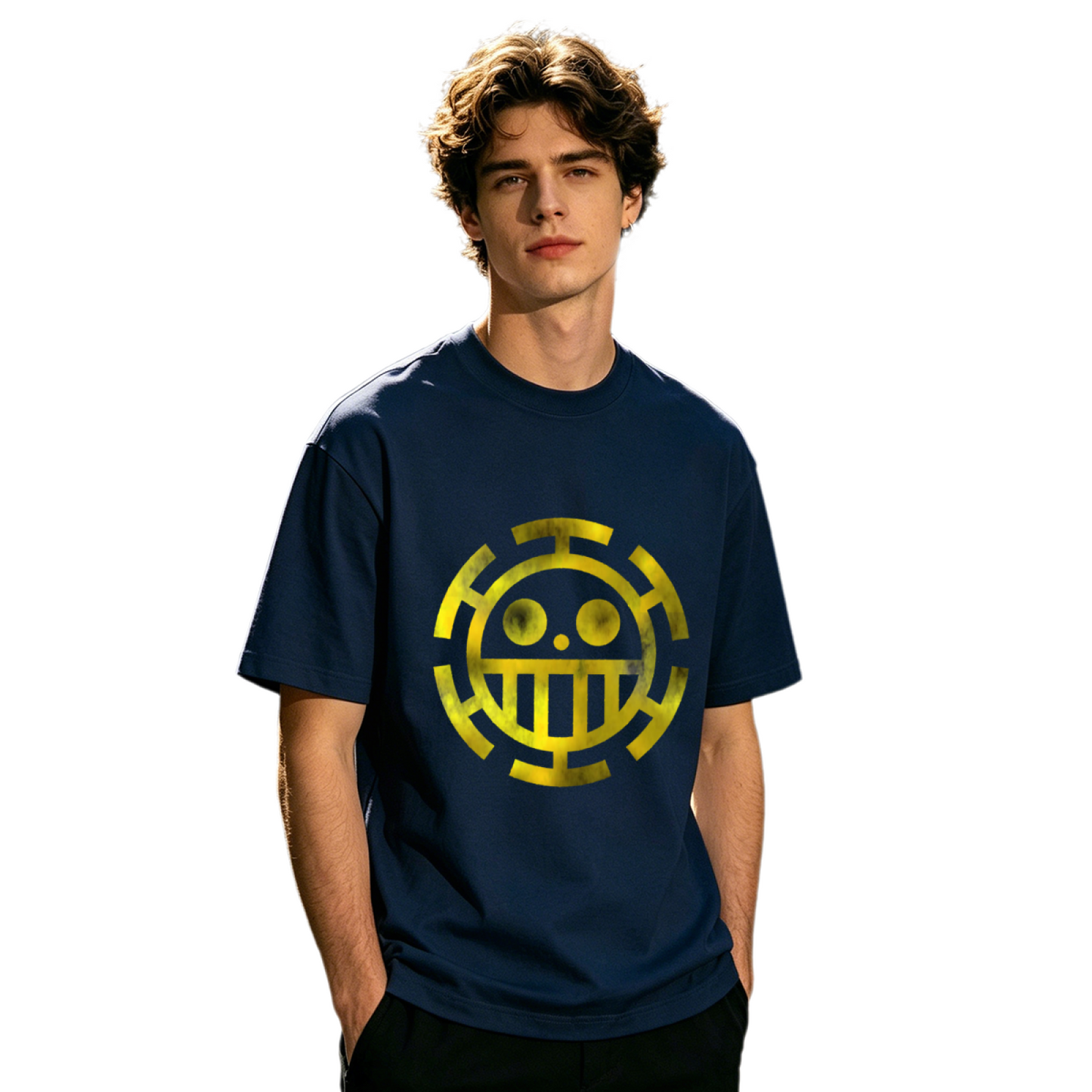 Men's One Piece Trafalgar Law Anime Yellow Logo Print T-Shirt