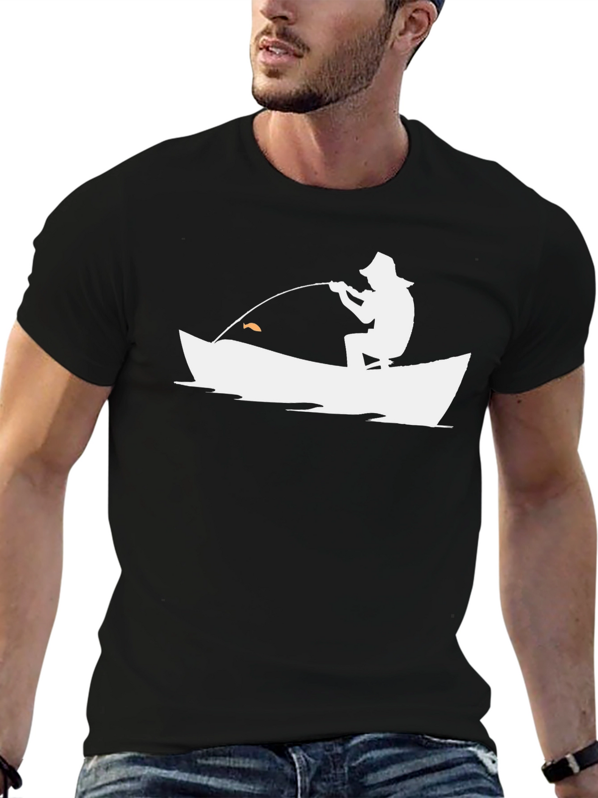 Fishing Silhouette Graphic Tee - Black Cotton Casual Shirt