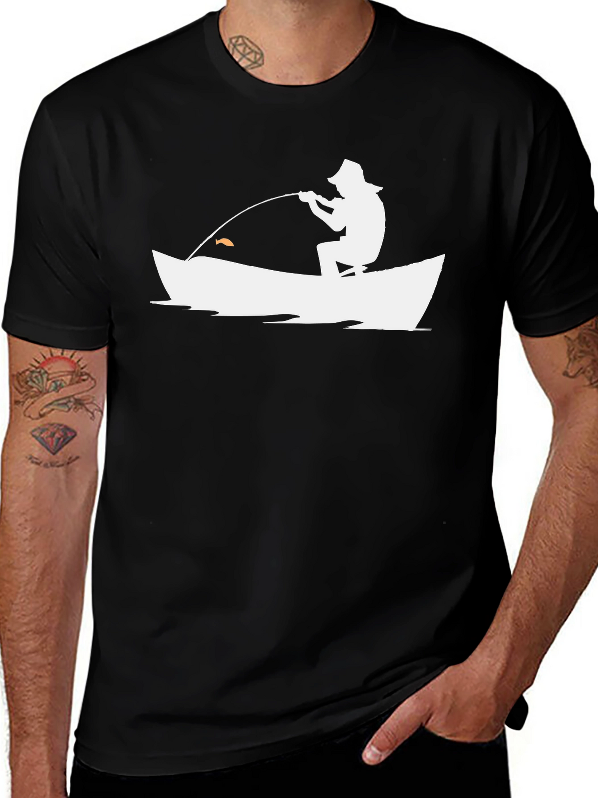 Fishing Silhouette Graphic Tee - Black Cotton Casual Shirt