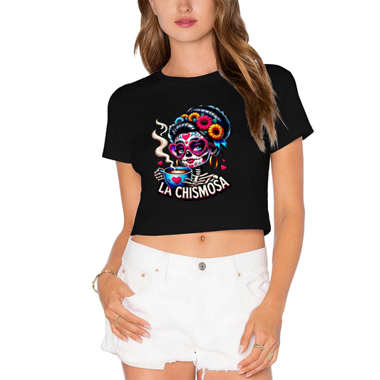 La Chismosa Sugar Skull Lady Drinking Coffee Fall Crop Top