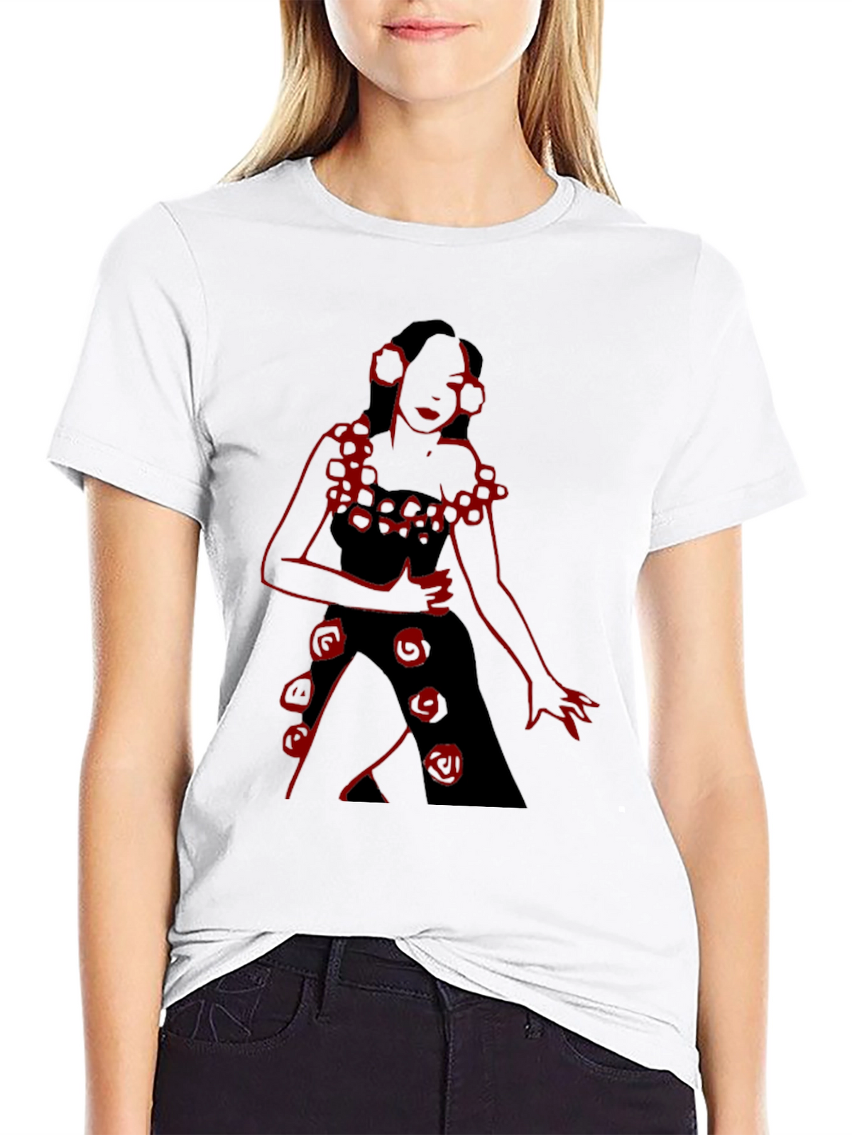 Unique Black T-Shirt with Red Rose Lady Design