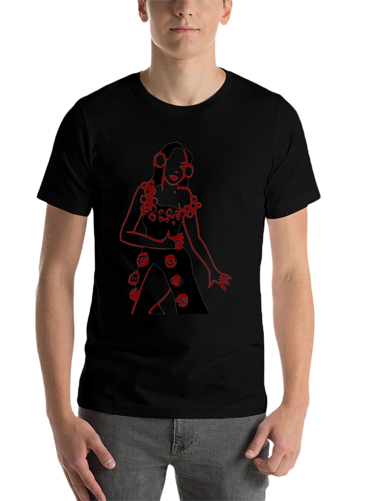Unique Black T-Shirt with Red Rose Lady Design