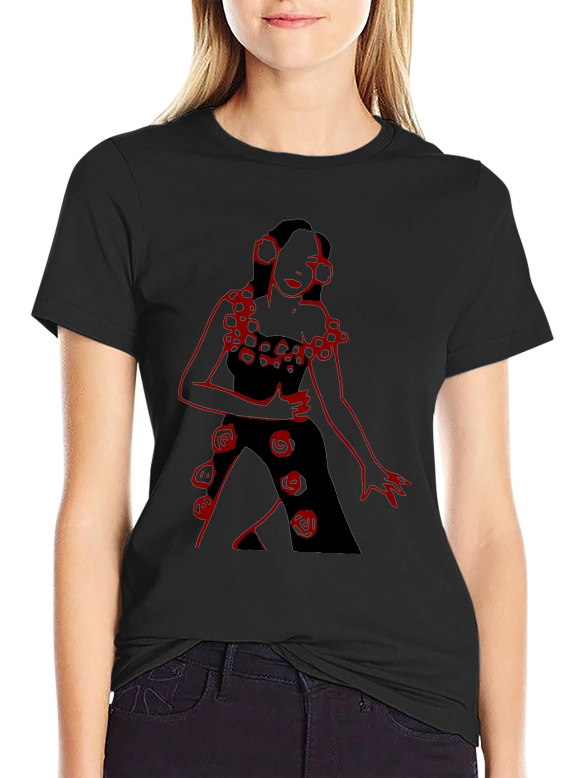 Unique Black T-Shirt with Red Rose Lady Design