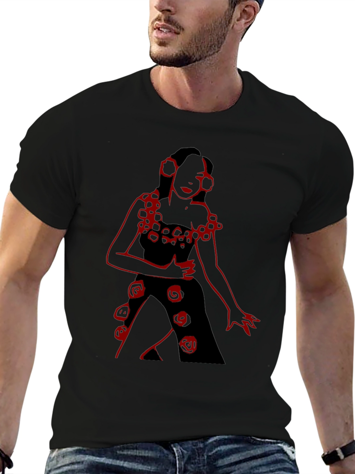 Unique Black T-Shirt with Red Rose Lady Design