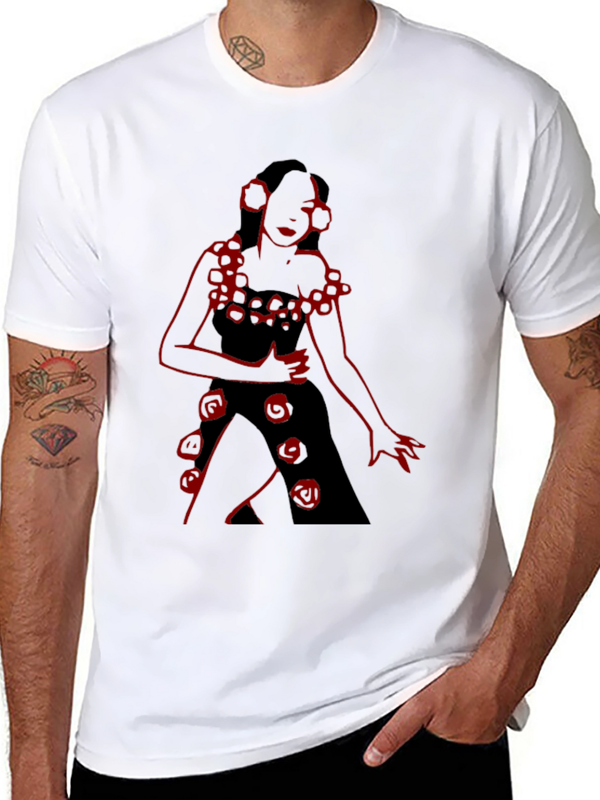 Unique Black T-Shirt with Red Rose Lady Design