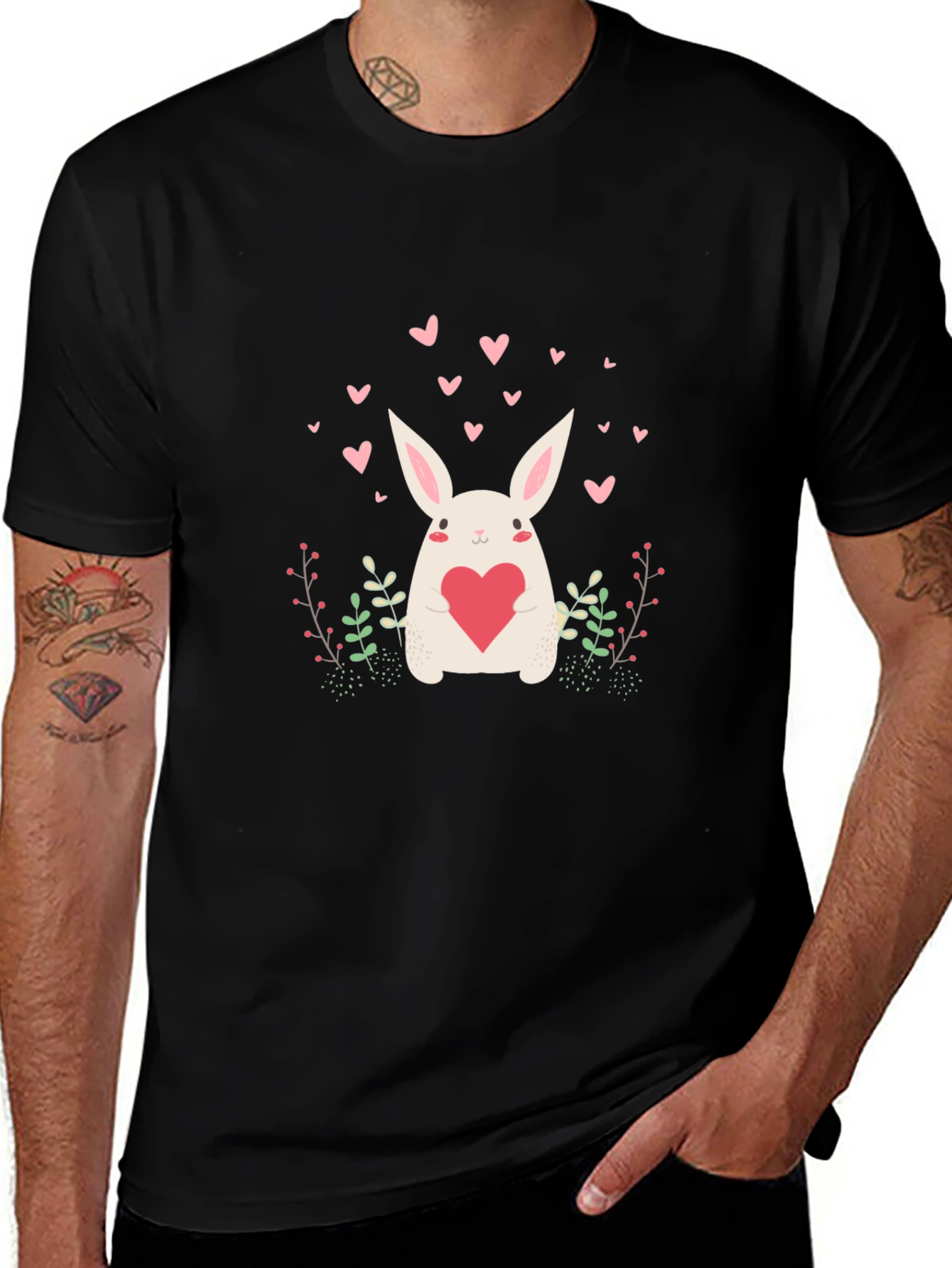 Cute Bunny Heart Graphic Black Tee
