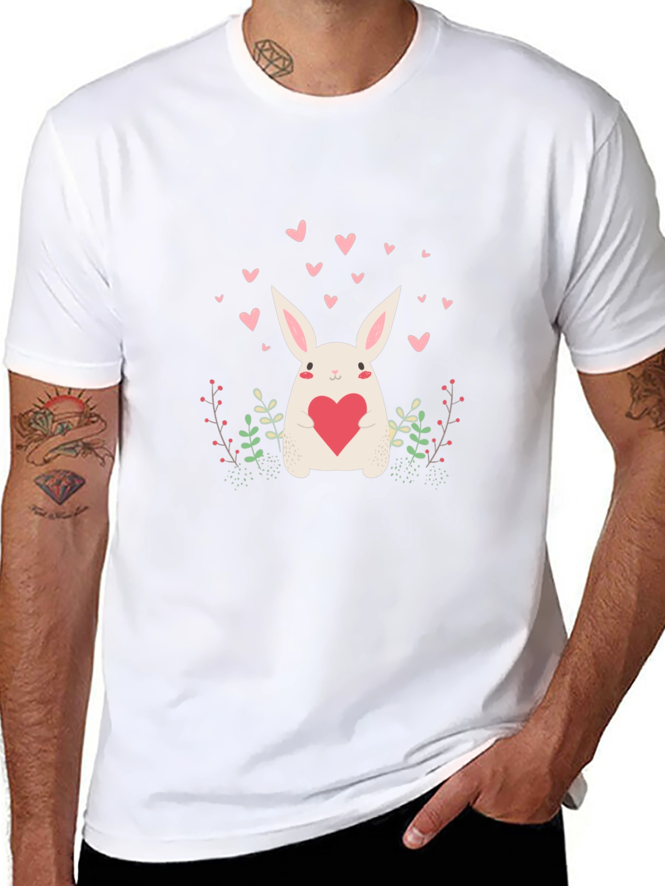 Cute Bunny Heart Graphic Black Tee