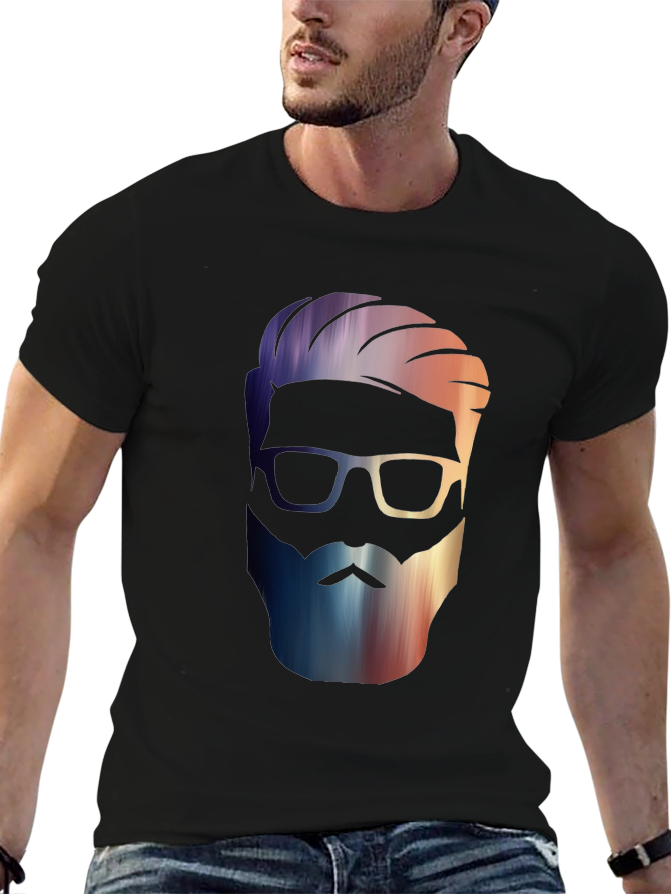 Mens Black Graphic Tee - Stylish Bearded Design
