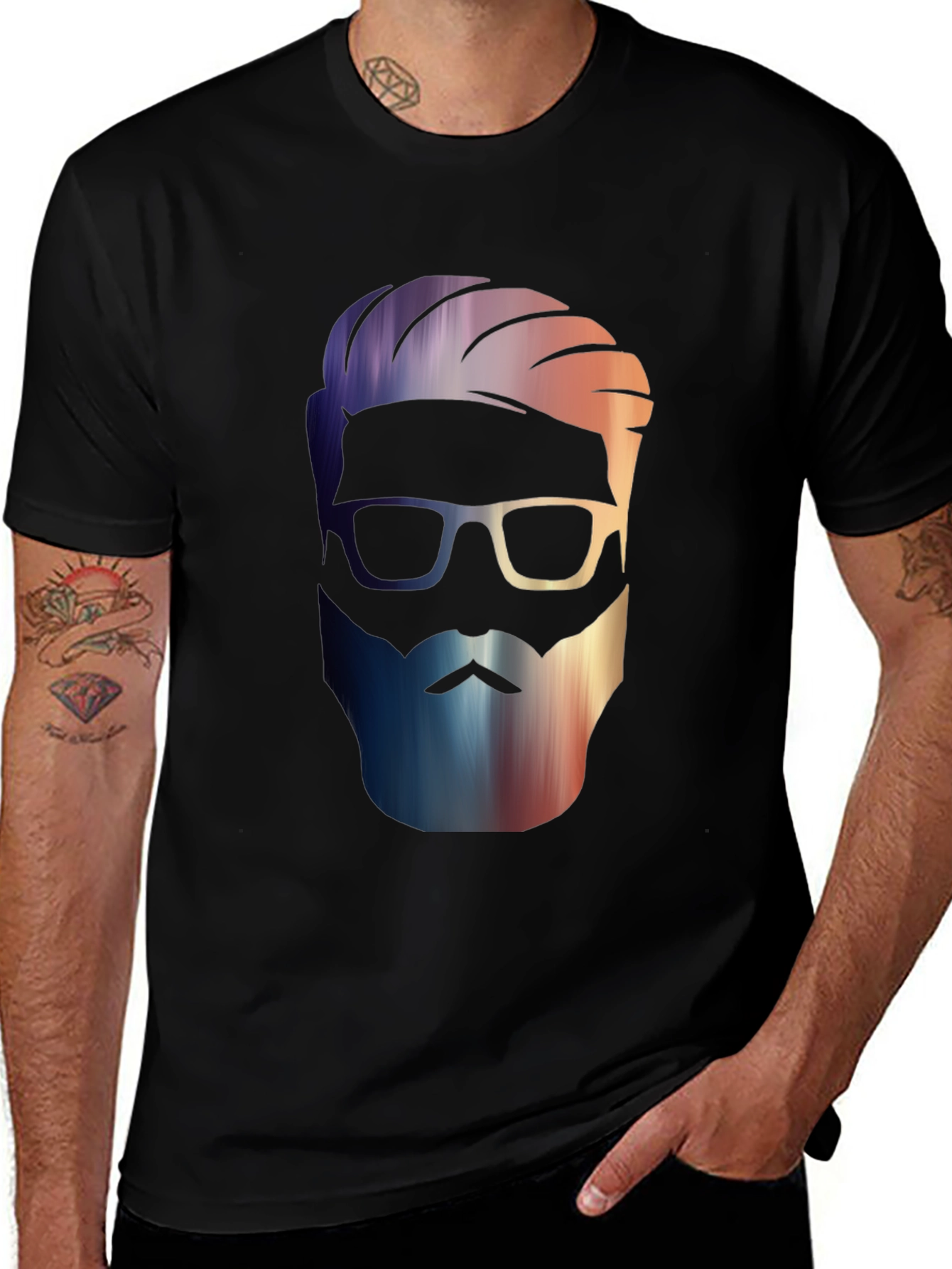 Mens Black Graphic Tee - Stylish Bearded Design